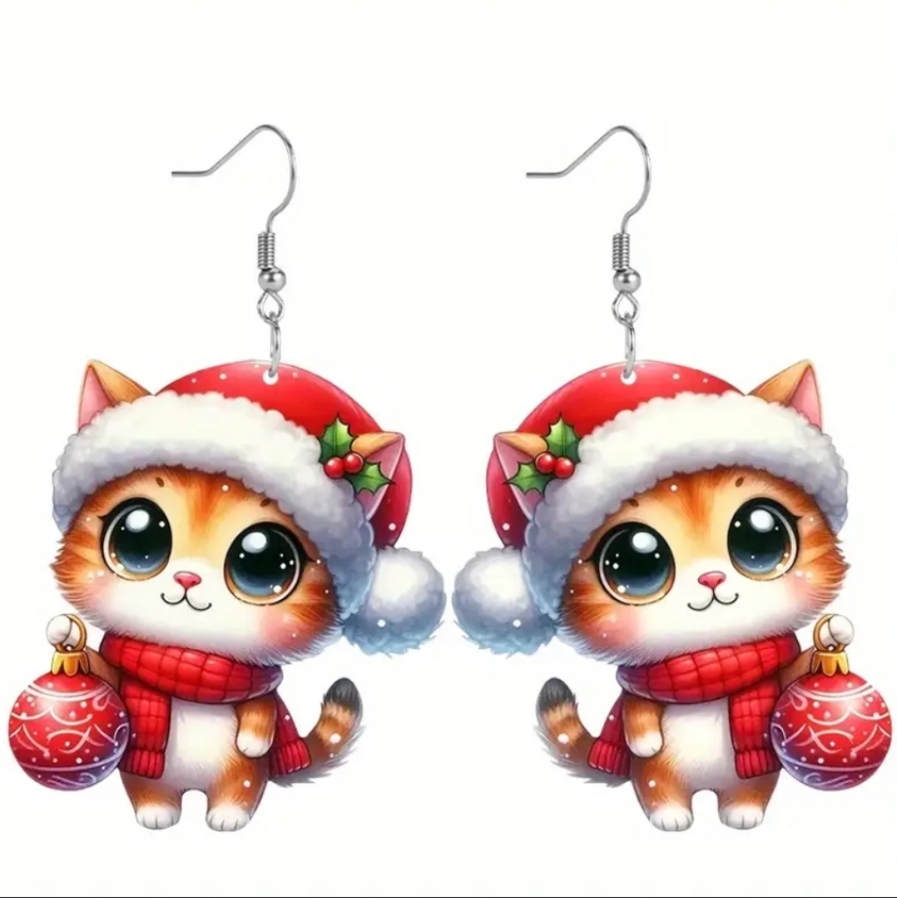 Holiday Christmas Acrylic Cat Pierced Earrings. NWOT